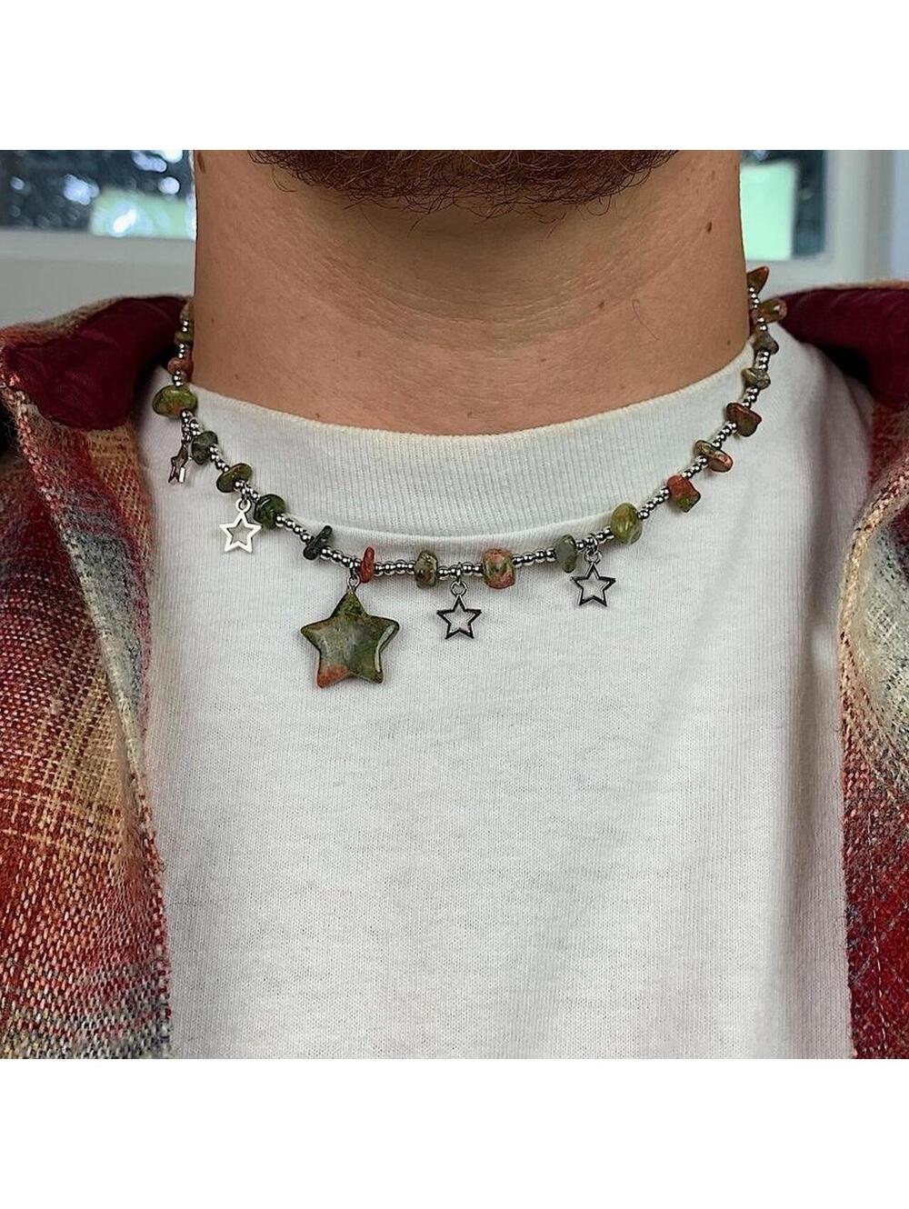 Earth Tone Star Rock Silver Beaded Pendant Necklace. Chain is unisex. 18 inches - Picture 1 of 7